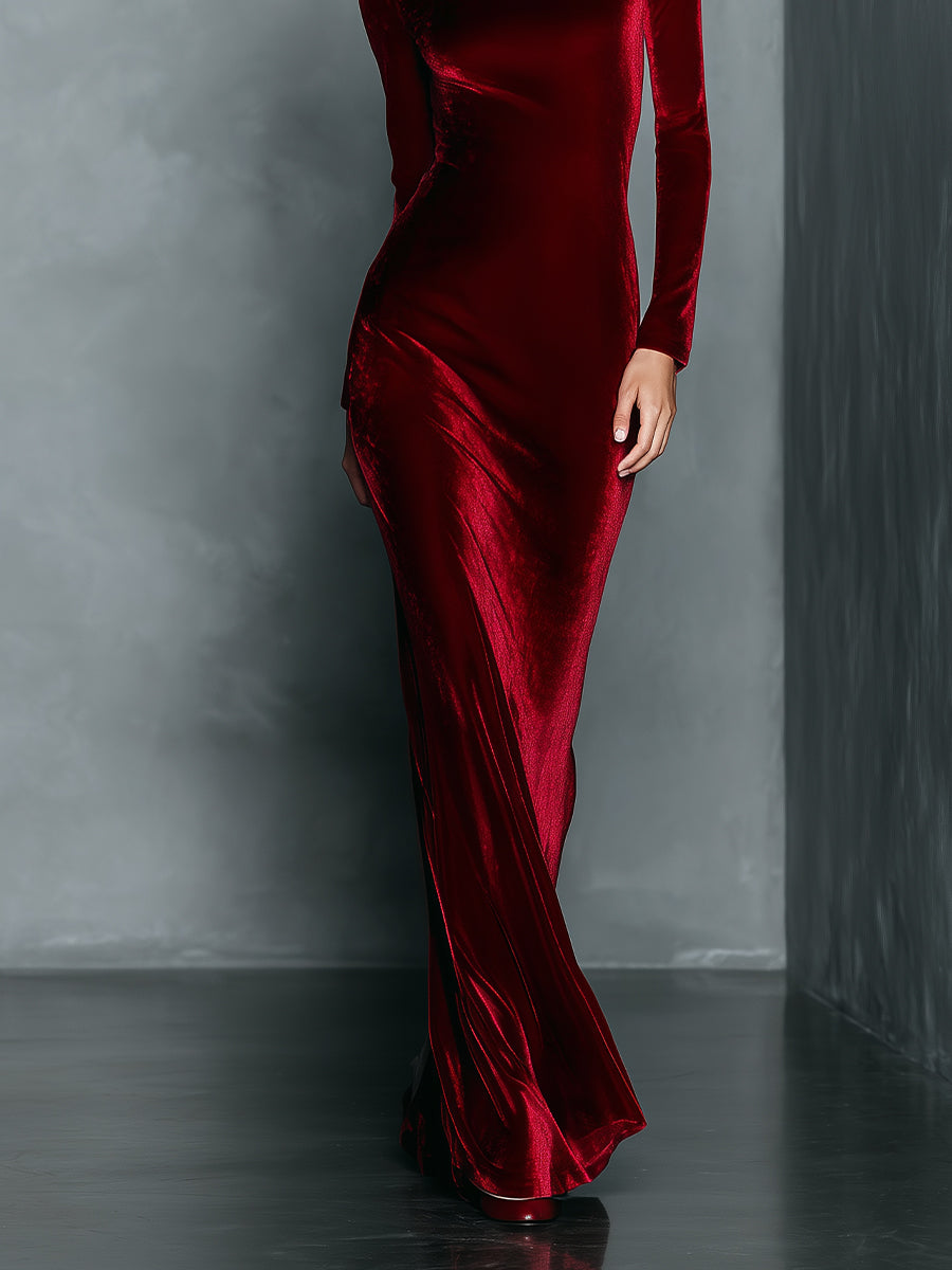 Women's Burgundy Glamorous Stretch Velvet Bodycon Maxi Dress MDA1015I1I