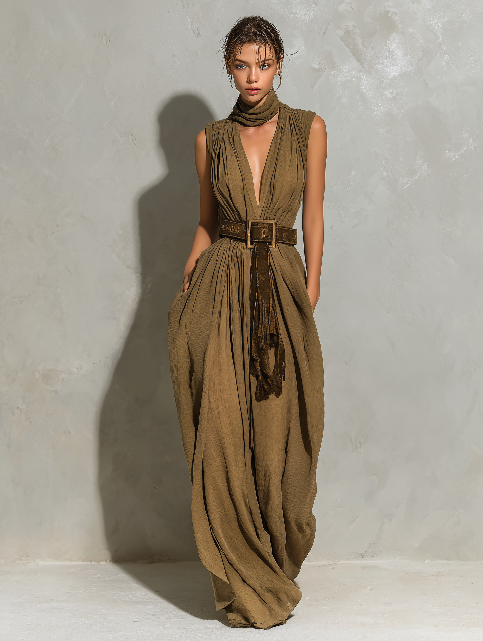 Women's Stylish Army Green V-neck Sleeveless Loose-fitting Jumpsuit Made Of Cotton And Linen Blend (belt Not Included) MDA2558L2AN