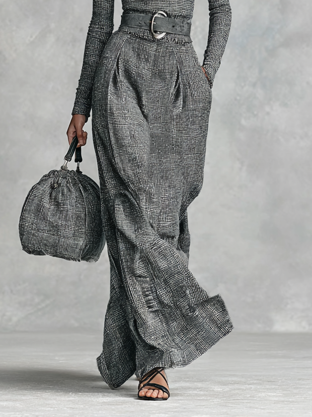 Women's Fashion Plaid Square Neck Top Straight Long Skirt Two-piece Set (belt Not Included)MDA2565G5Y