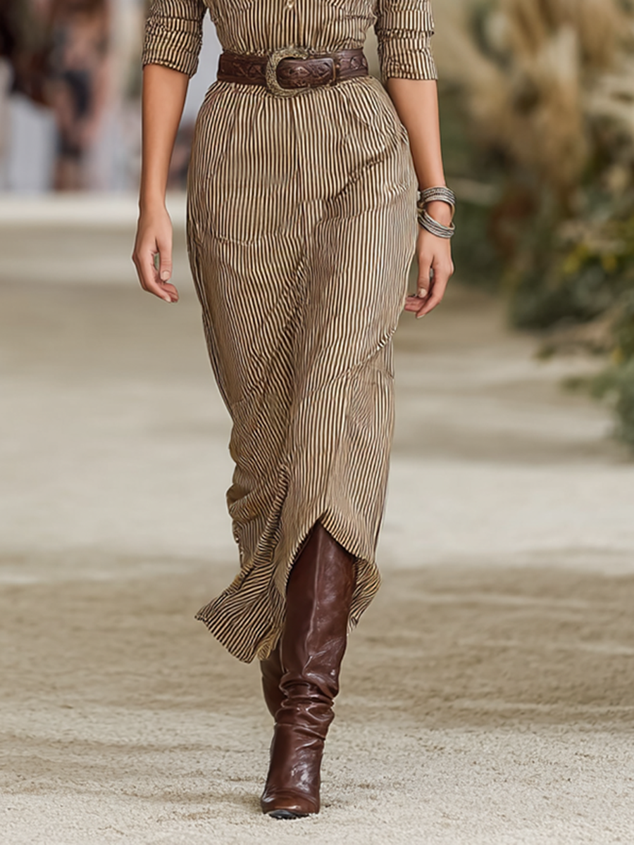 Women's Striped Lapel Single-breasted Long-sleeved Waist Maxi Dress (without Belt)MDA1846G0Y