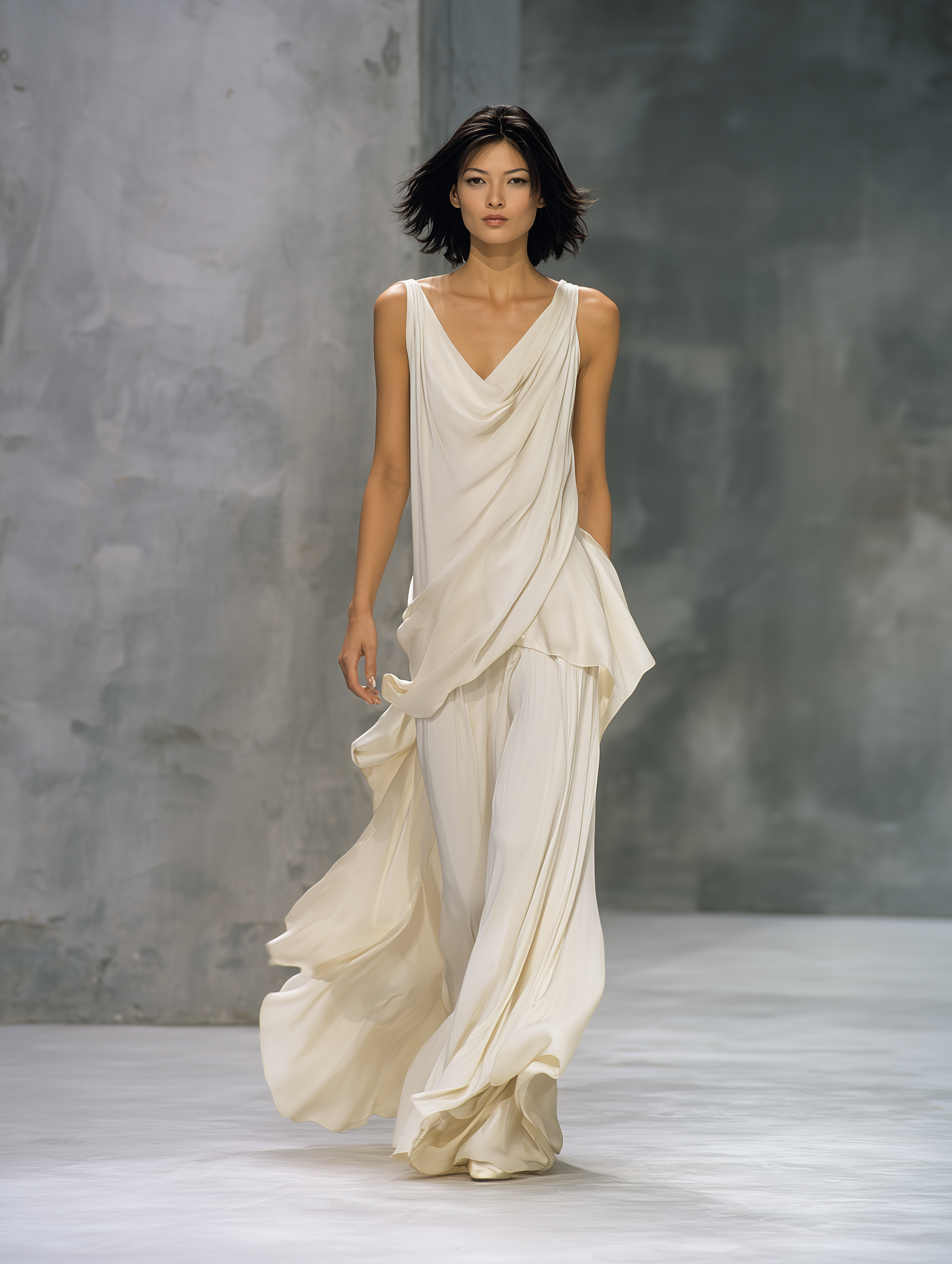 Women's Elegant Off-white Chiffon Sleeveless Cowl-neck Long Top Paired With A Skirt MDA2610L9AN