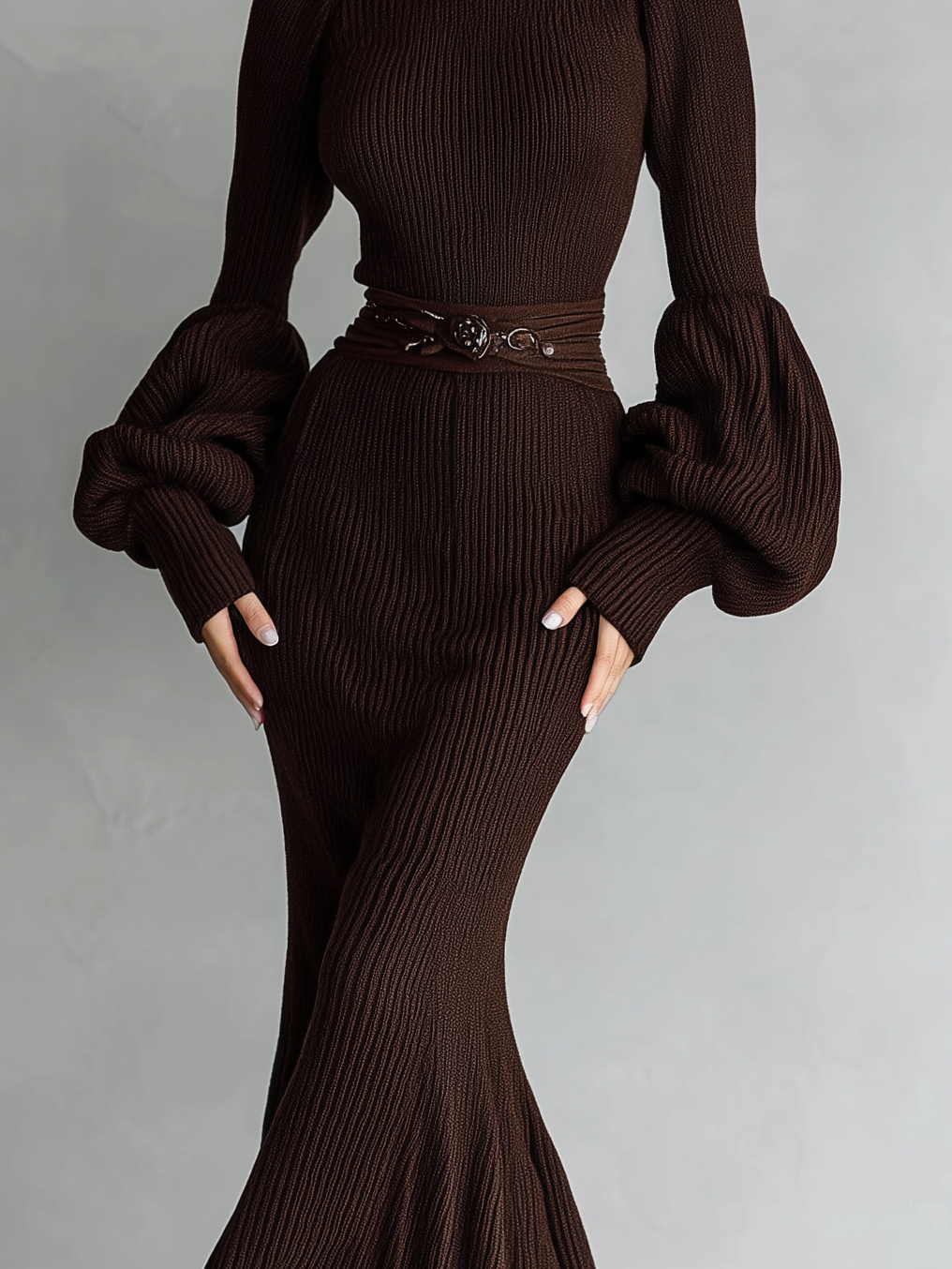 Women's Elegant Dark Brown Knitted Turtleneck Long-sleeved Slim-fit Maxi Dress (without Belt) MDA1829L8AN