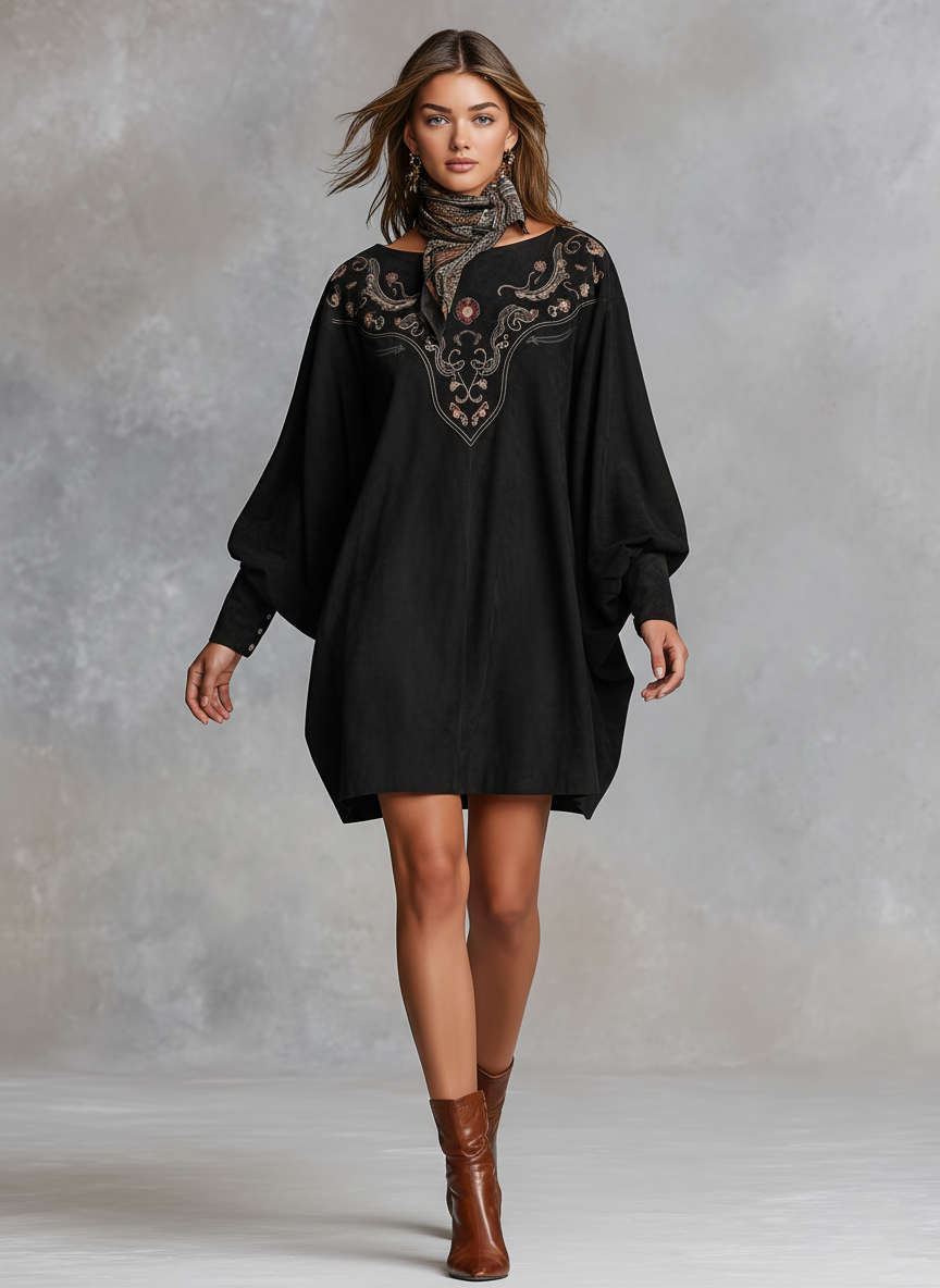 Women's Loose-fitting Faux Suede Embroidered Round Neck Batwing Sleeve Mini Dress MDA3059J8Y