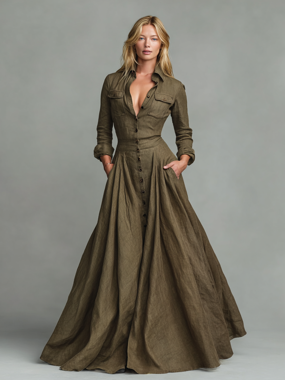 Women's Vintage Cotton And Linen Blended Shirt Floor-Mounting Maxi Dress MDA3058G3Y