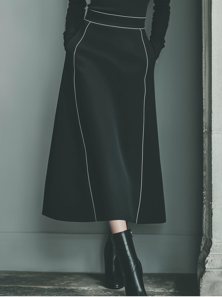 Women's Black Knit Fabric Turtleneck Top & Contrast-Stitched Pocketed Midi Skirt Set MDA1585L4T