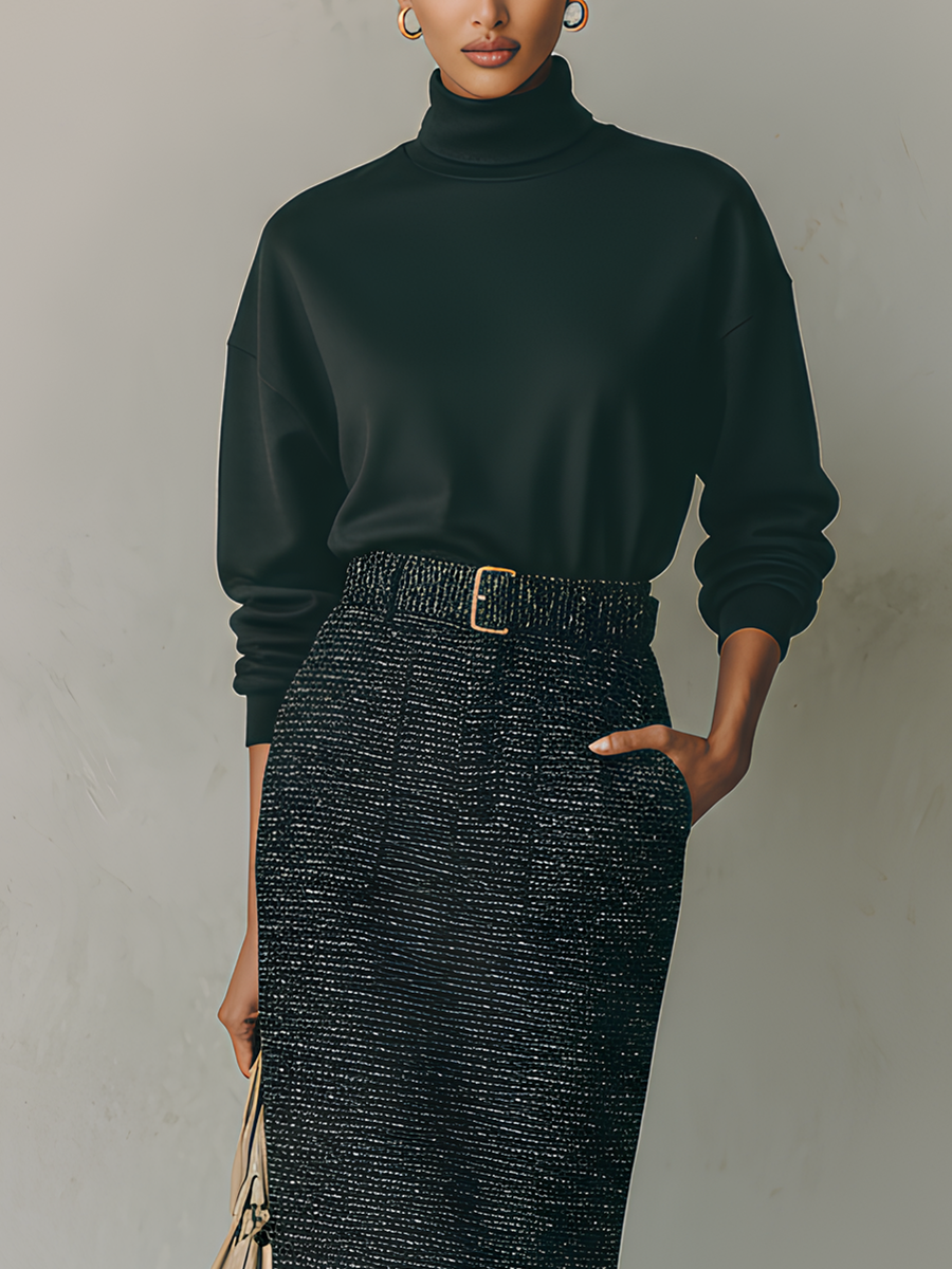 Women's Black Knit Top And Tweed Skirt Set MDA1571I9T