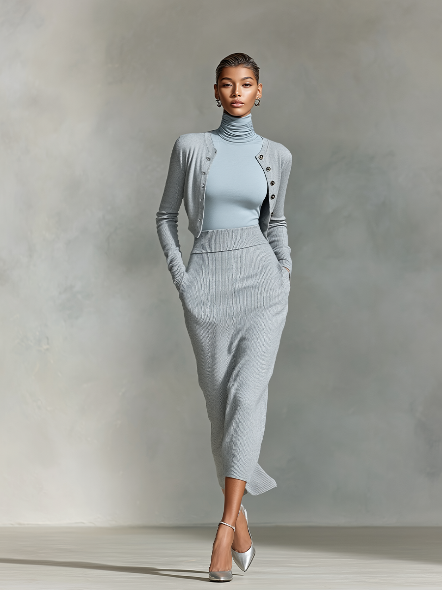 Women's Light Grey Elegant Knit Cropped Cardigan And Midi Skirt Set MDA1510I3I