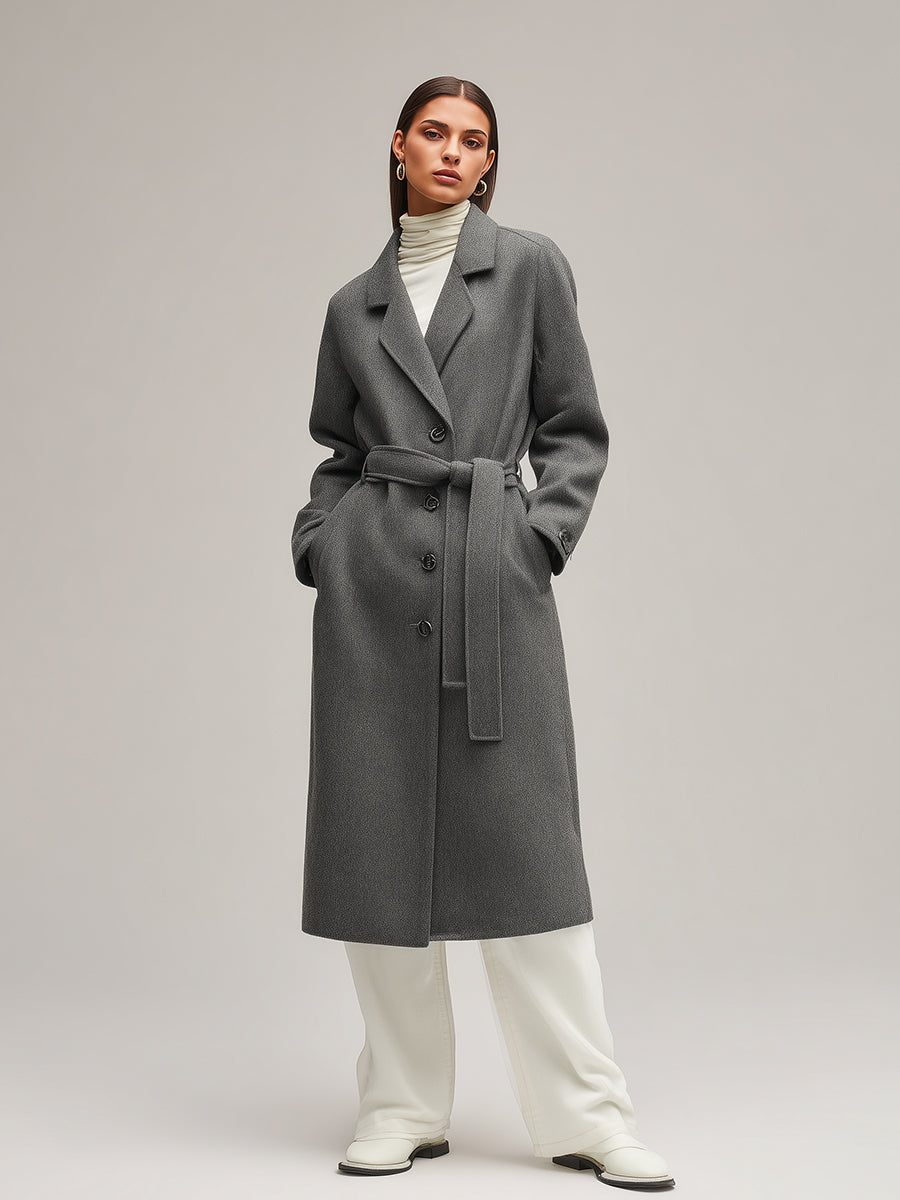 Women's Gray Tailored Wool Coat With Single-Breasted Button & Belted Waist, Sophisticated Everyday Style MDA2416J7I
