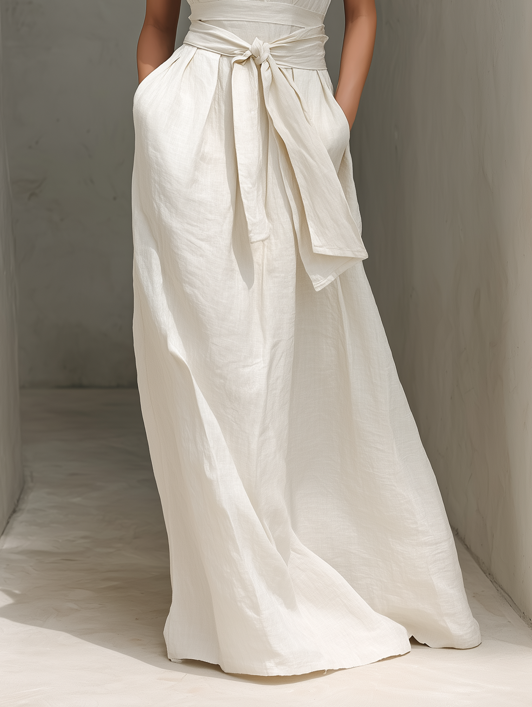 Women's Minimalist Cotton And Linen Blend V-neck Belted Sleeveless Maxi Dress MDZ0803A4Y