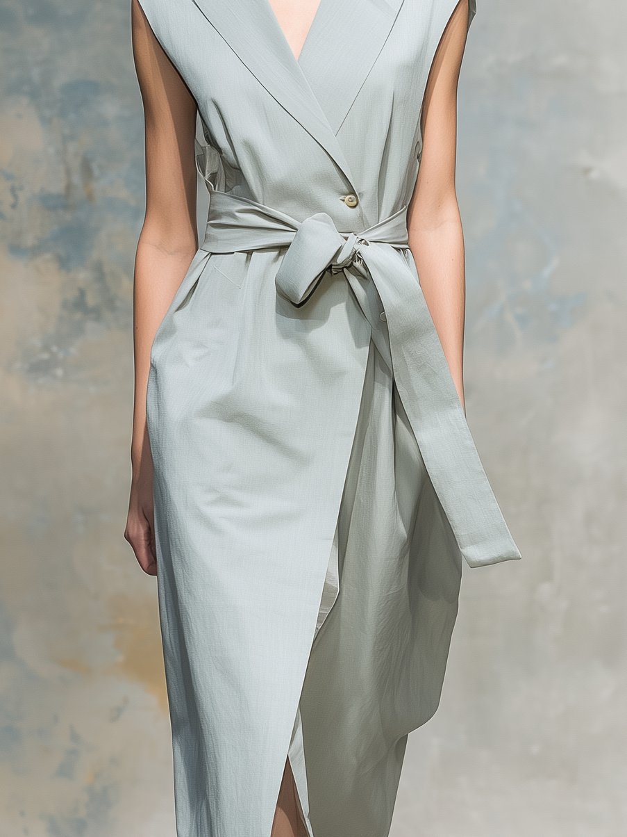 Women's Elegant Blue-gray Woven Suit Dress With Lapel Collar, Sleeveless Design, And A Slim Fit MDA2670L2AN