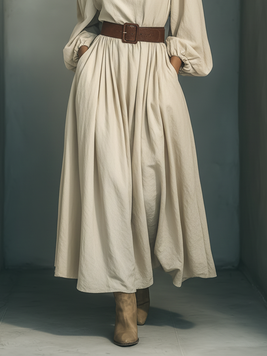 Women's Off-white Cotton Linen Puff Sleeve Fitted Waist Long Dress MDA3034K5T