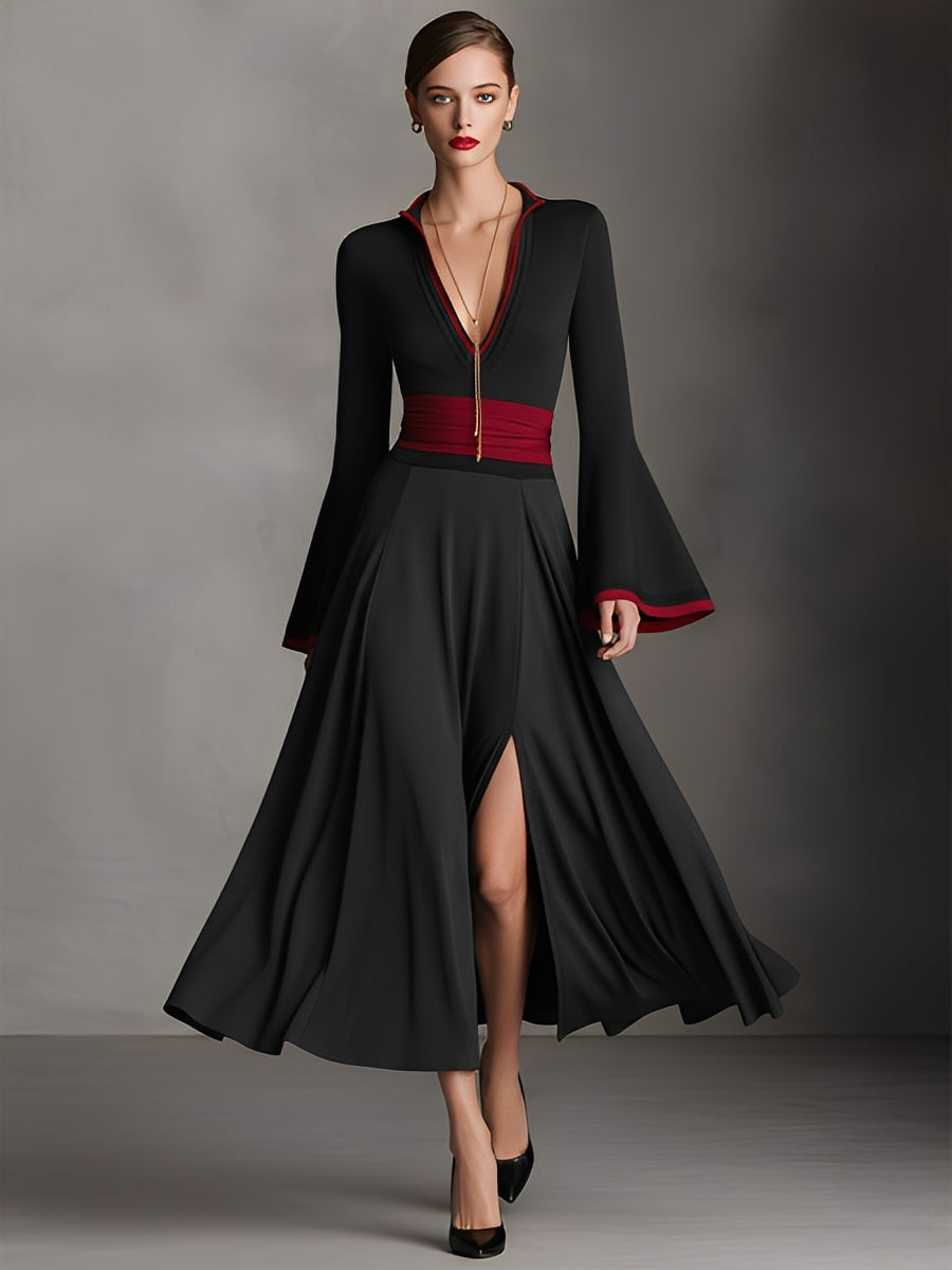 Women's Black Fitted Midi Dress With Contrast Waist Band & Deep V-Neck, Sophisticated Formal-Evening Style Dress MDA1715L4I