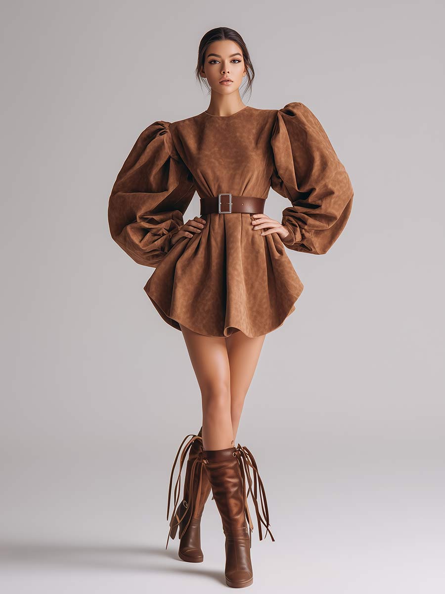 Women's Puff Sleeve Suede Vintage Palace Style Mini Dress MDA0460I6A