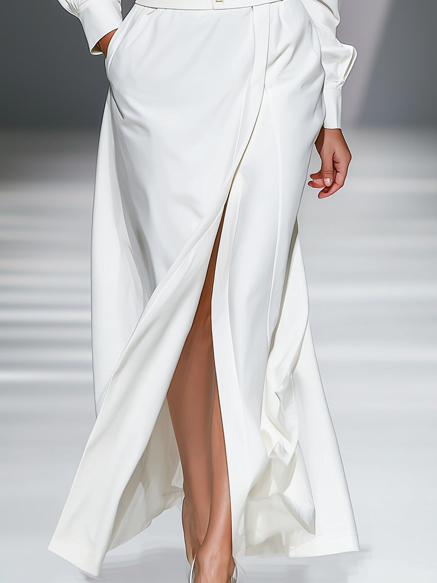 Women's Chic Blended Fabric Collared High - Waist Slit Maxi Dress (without belt) MDA0452H9I