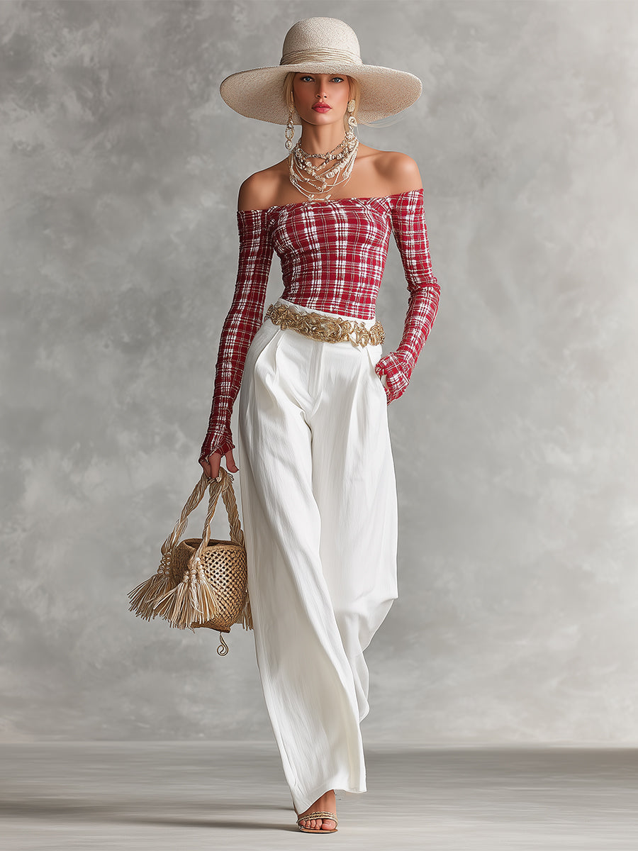 Women's Red - White Boho Plaid Linen Off - The - Shoulder Top And Wide - Leg Pants Set MDA0883I5I