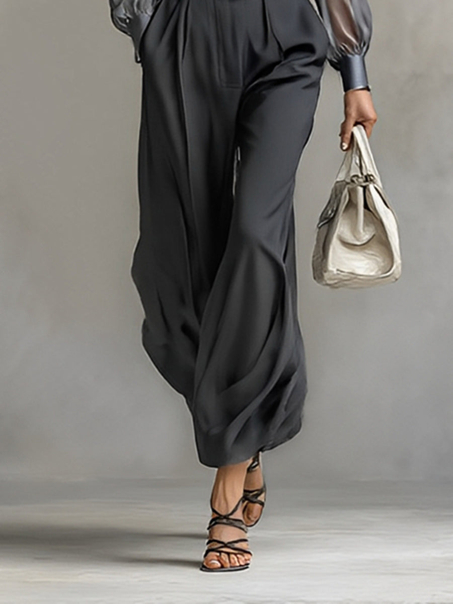 Women's Satin Chiffon Long Sleeve Shirt Wide Leg Pants Two-piece Set MDA1932G6Y