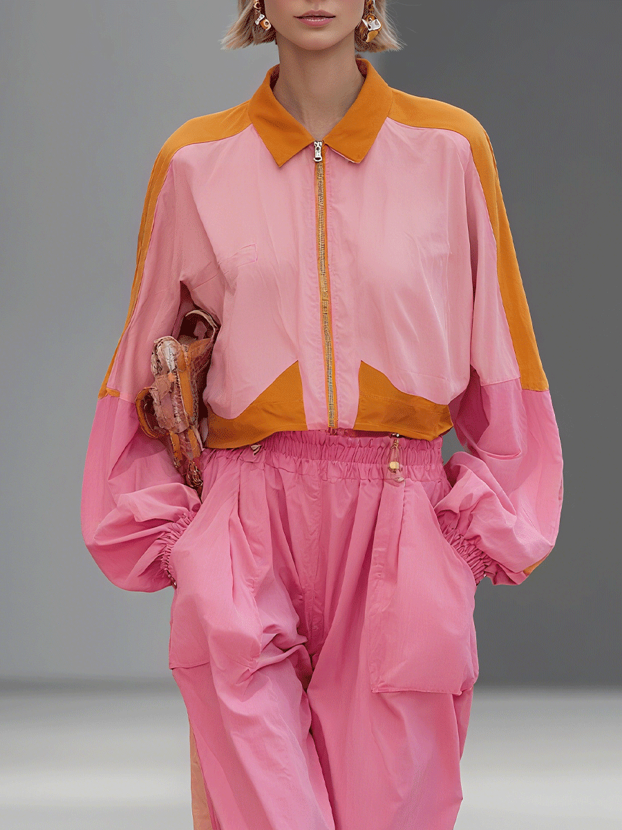 Women's Pink Contrasting Casual Blended Breathable Sports Two-piece Set MDA3095G6I