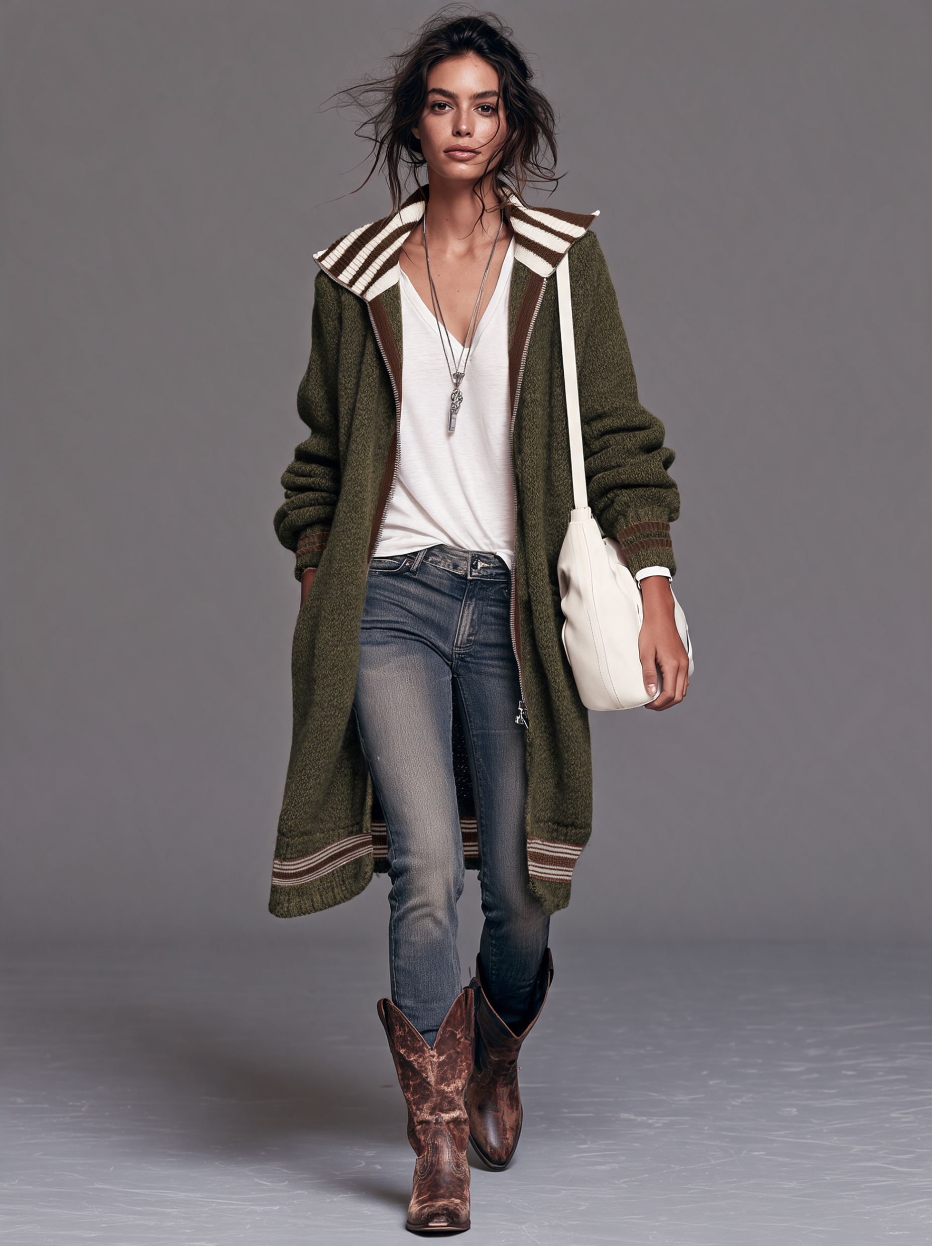 Women's Vintage Color-Block Striped Zip-Up Mid-Length Cardigan MDZ2550H4WY