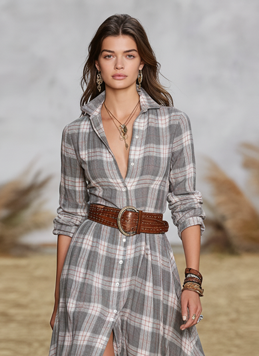 Women's Plaid Print Shirt Collar Maxi Dress (Belt Not Included) MDA2510J1Y