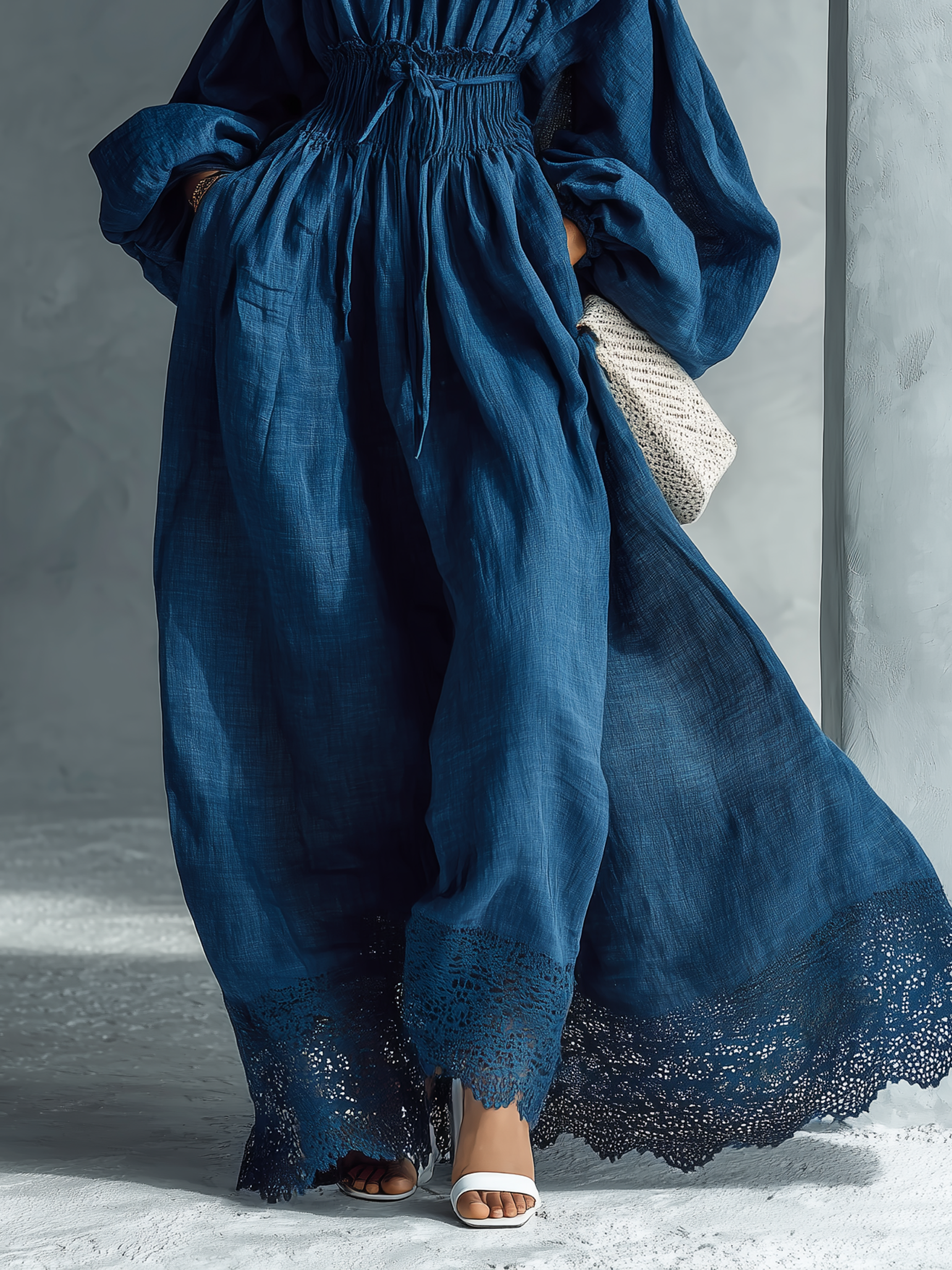 Women's Linen Blend Shoulder Cutouts And Lace Hem Maxi Dress MDA1875L8Y