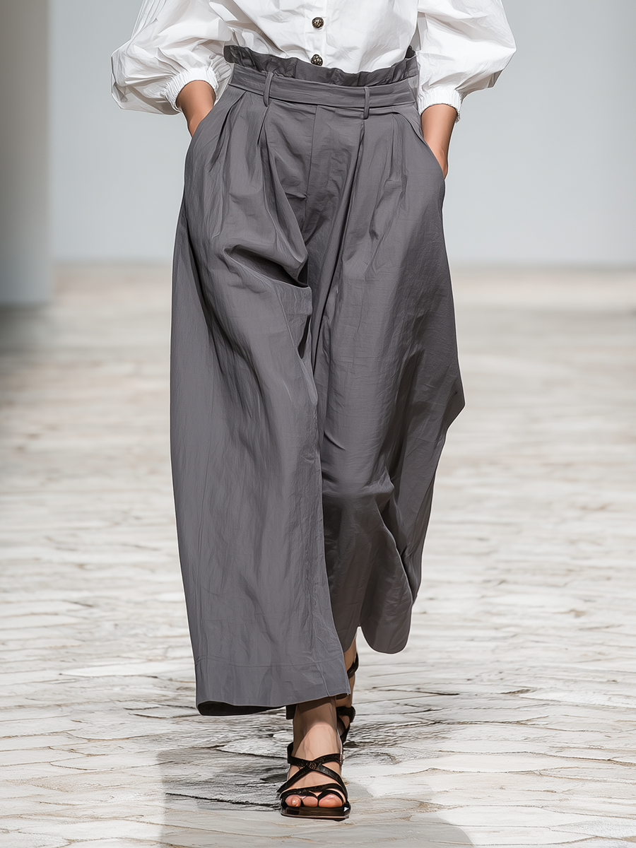 Women's White Cotton Off-the-shoulder Top And Gray Cotton-linen High-waisted Wide-leg Pants Set MDA0551L8T