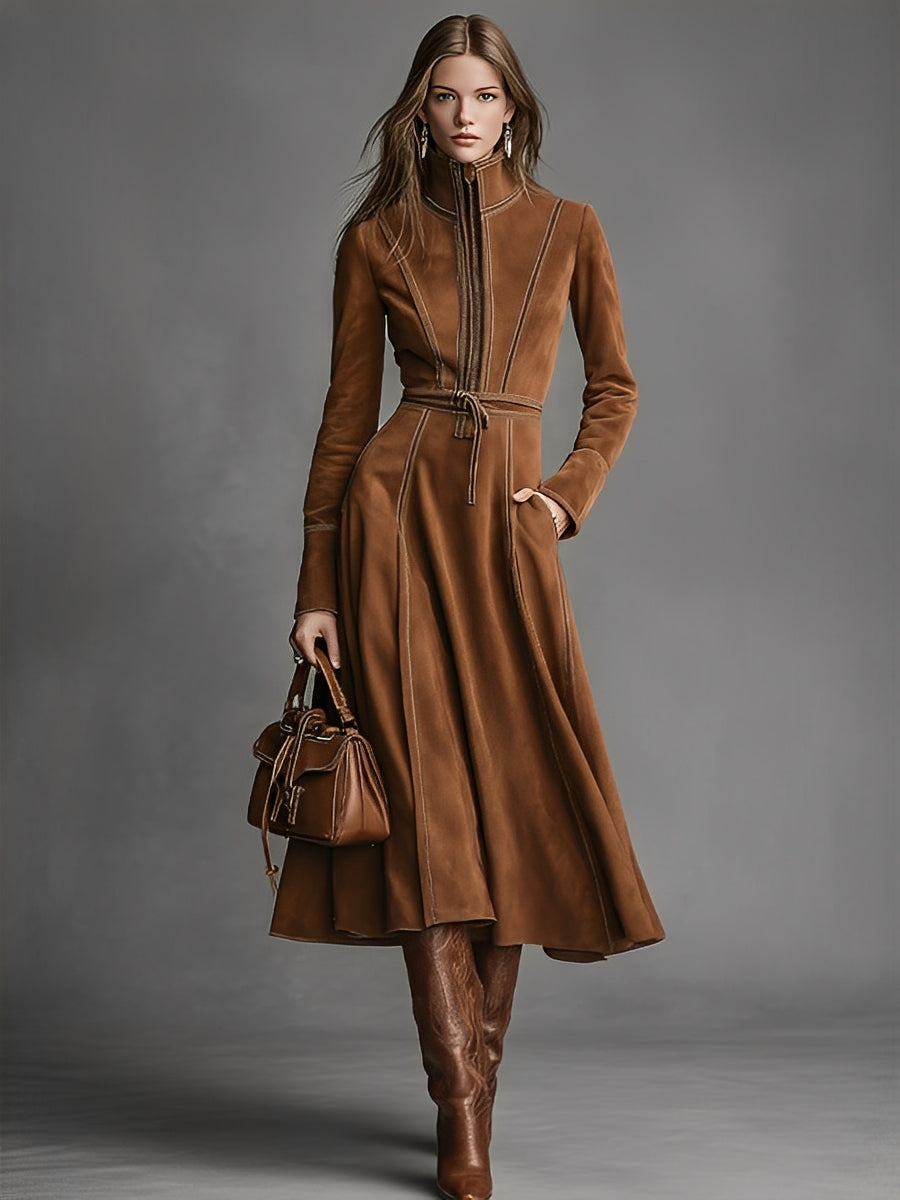 Women's Brown Suede Elegant Midi Dress With Zip-Front & Tie-Waist, Vintage Western Style Dress MDA2776J1I