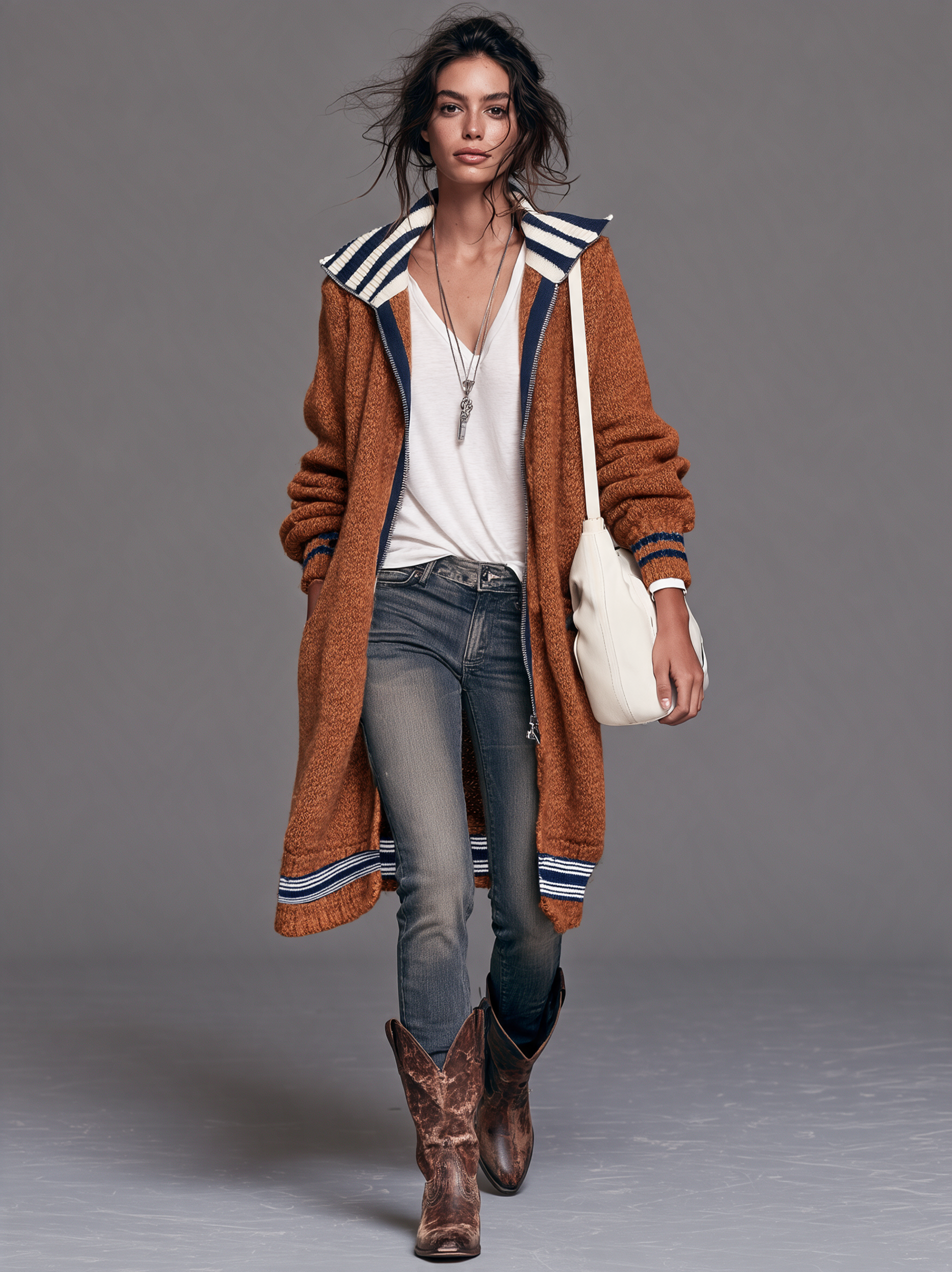 Women's Vintage Color-Block Striped Zip-Up Mid-Length Cardigan MDZ2550H4WY