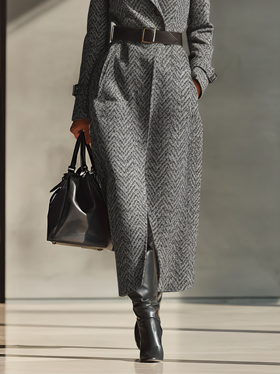 Women's Grey Herringbone Tweed Fashion Coat (Without Belt) MDA1119J6T