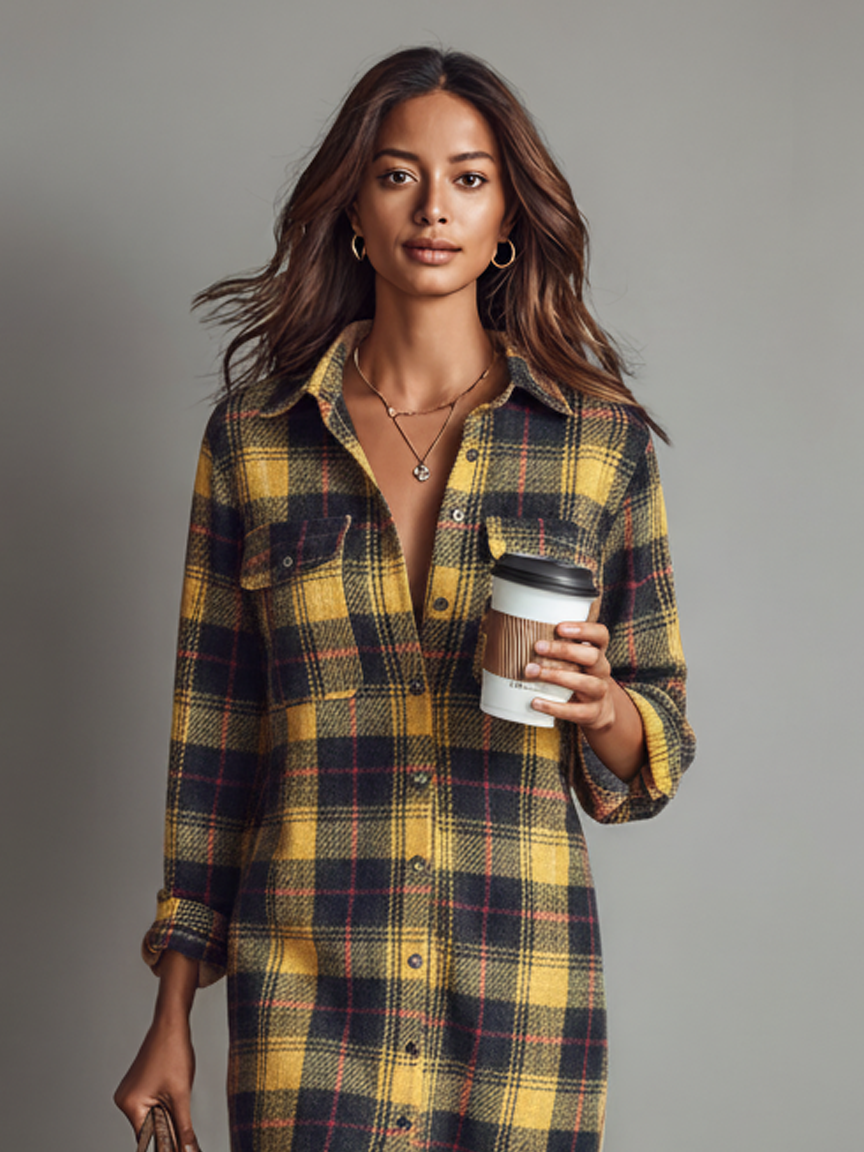 Women's Flannel Plaid Long Sleeve Shirt Midi Dress MDA2294J2Y