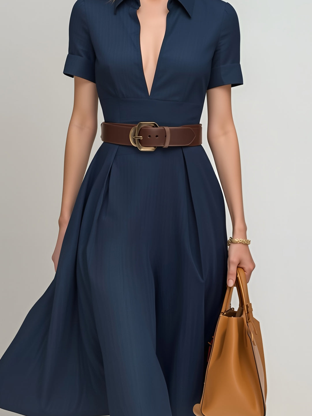 Women's Fashionable And Elegant Navy Blue V-neck Fitted Waist Short-sleeved Midi Dress With Belt MDA2195K8AN