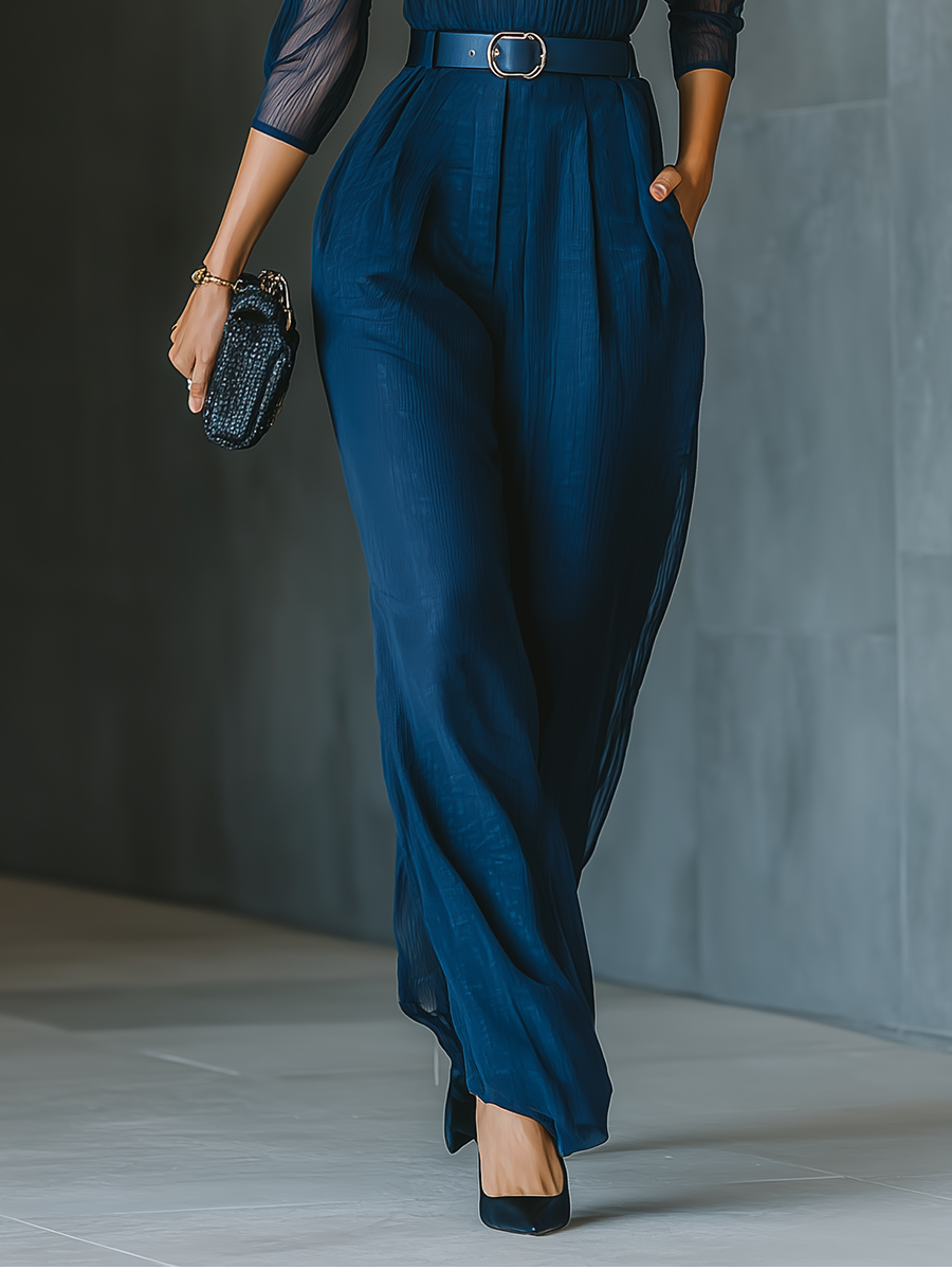 Women's Dark Blue Blended Transparent Sleeve Jumpsuit (Without Belt) MDA3031G0T
