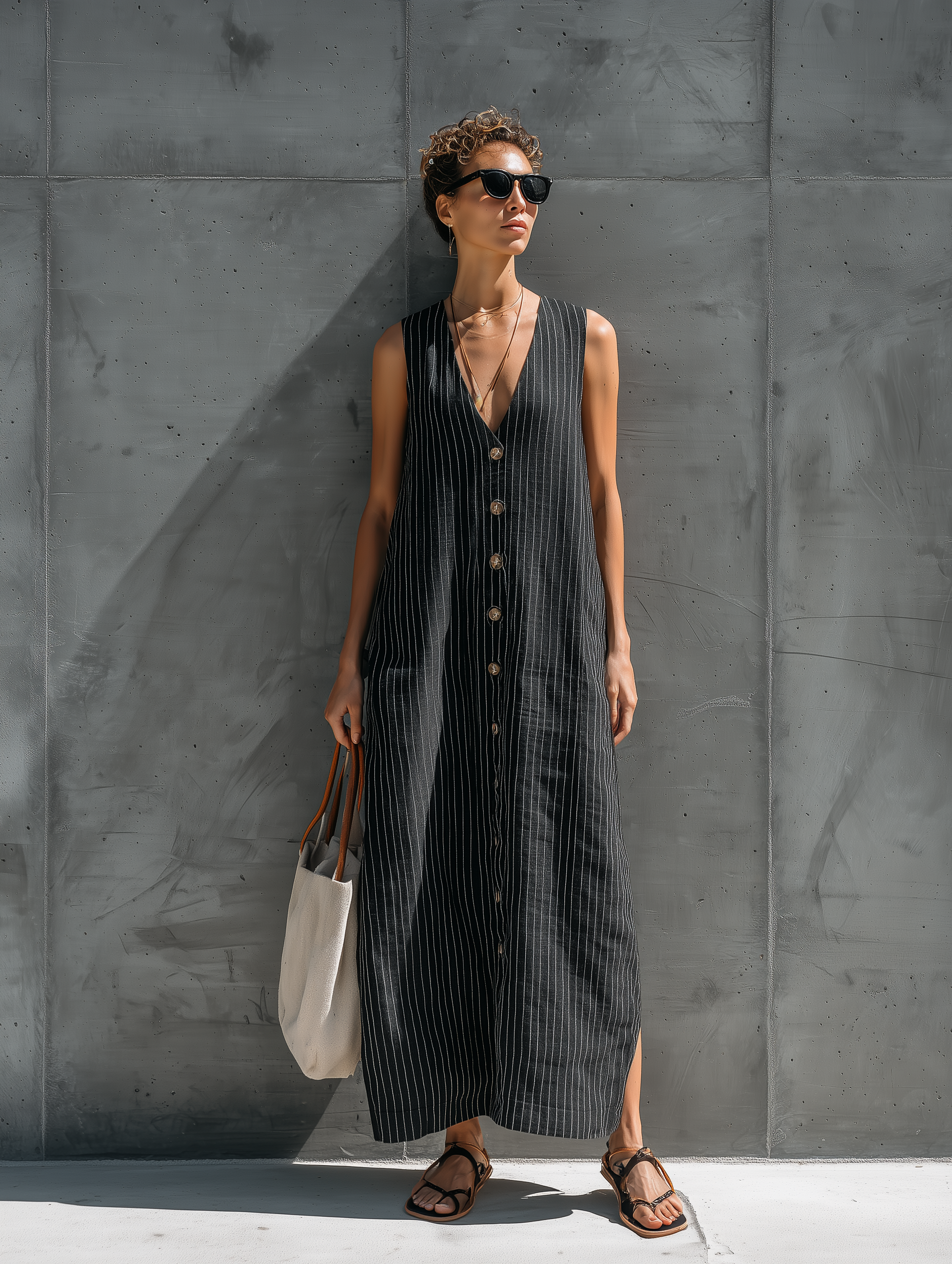 Women's Minimalist Black Cotton V-neck Sleeveless Loose-fitting Long Dress MDZ1448B9AN