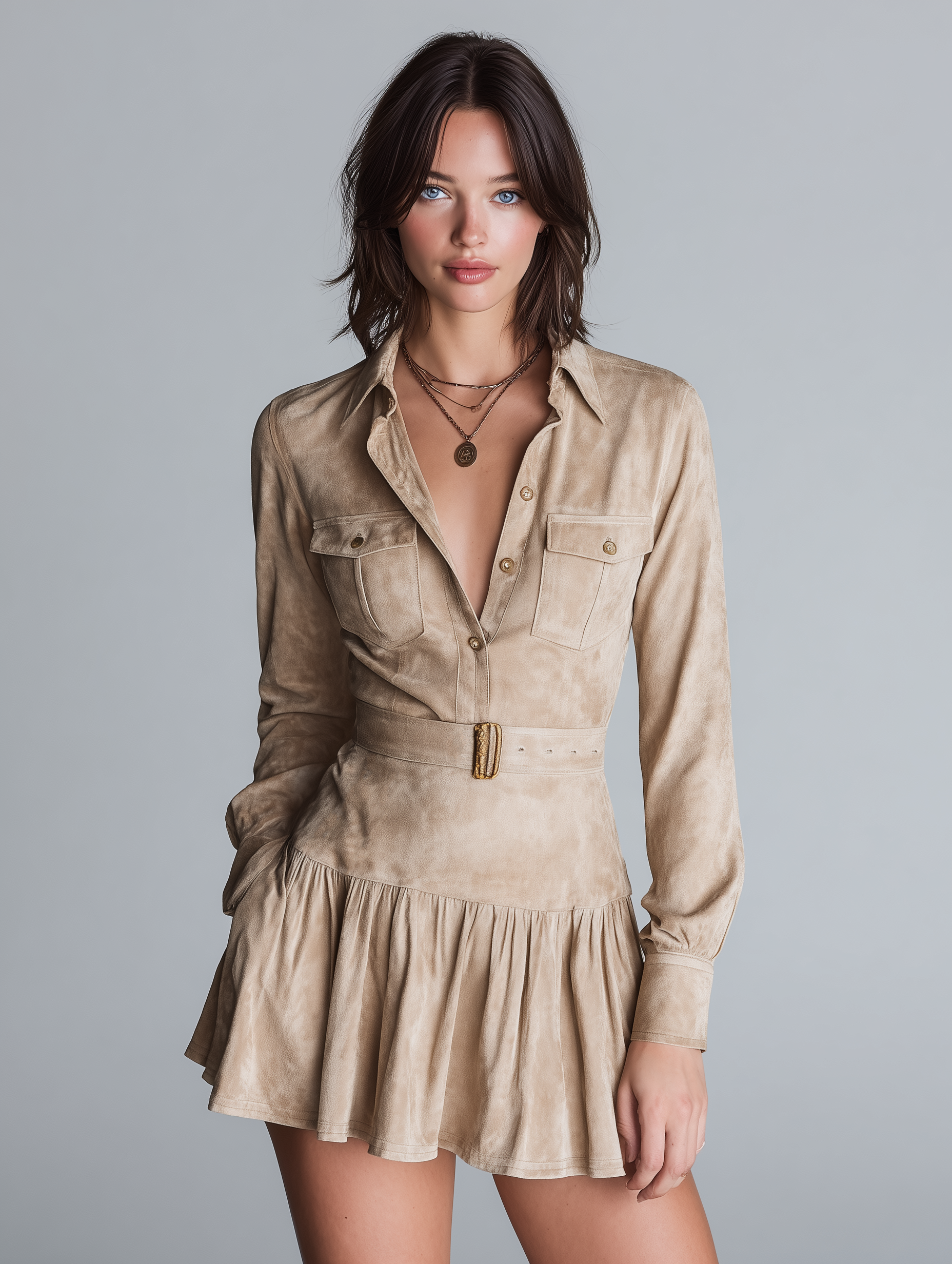 Women's Faux Suede Shirt Collar Belt Mini Dress MDA3120J7Y
