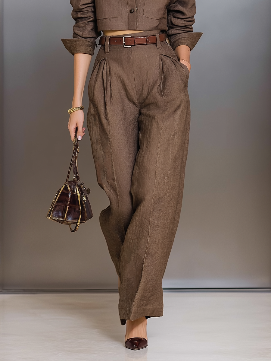 Women's Dark Brown Cotton And Linen Blend Short Top And Trousers Set MDA1590I1T