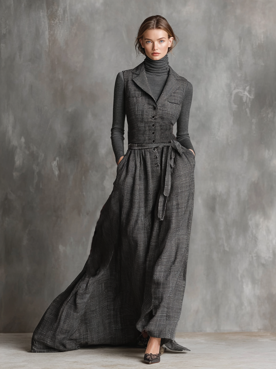 Women's Elegant Wool Blend Lapel Single-breasted Sleeveless Maxi Dress MDA2594H3Y