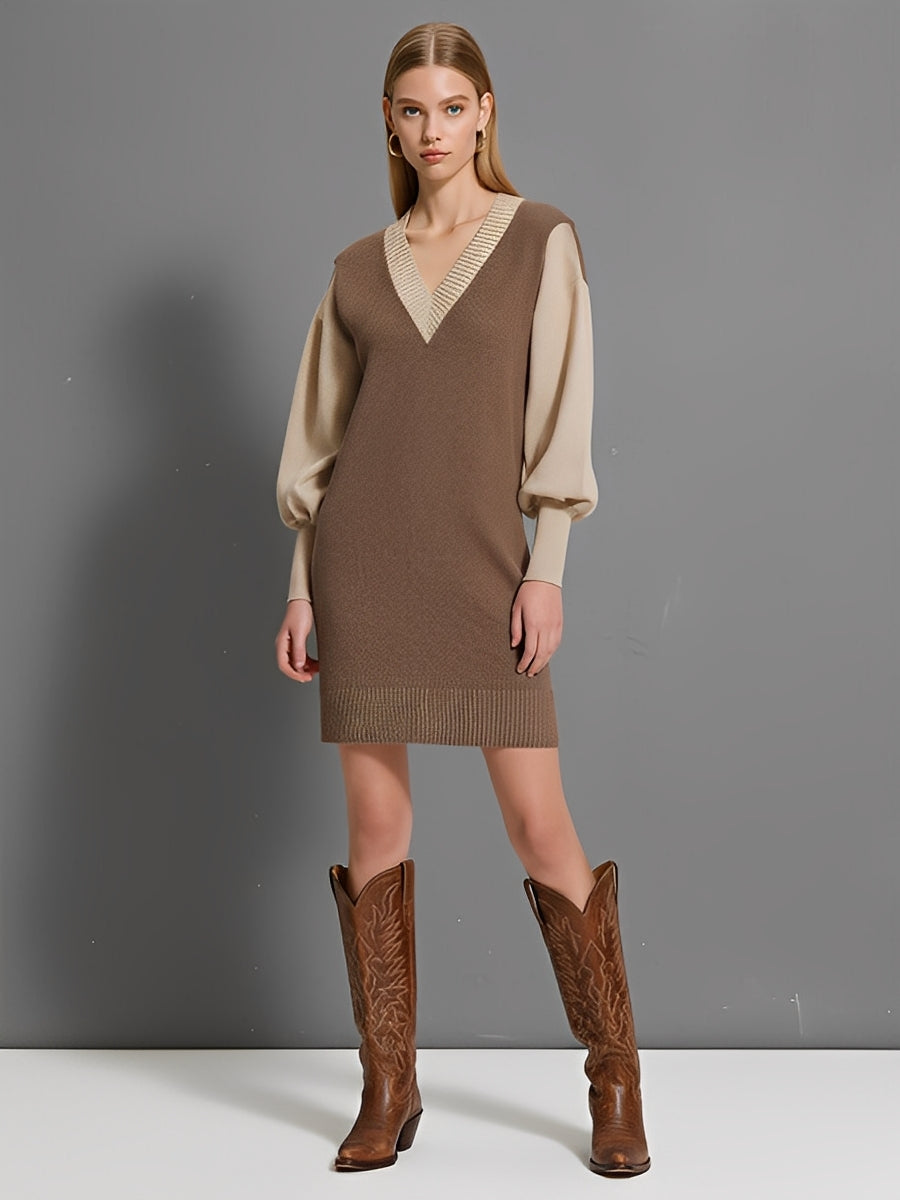 Women's Brown & Beige Knitted Casual-Chic Mini Dress With Contrast V-Neck & Puff Sleeves, Effortless Everyday Dress MDA2753J7I