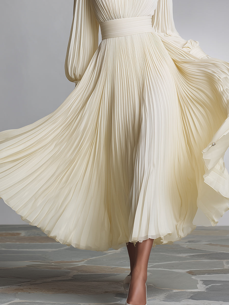 Women's Creamy Ivory Pleated Cotton Dress With Shirt Collar & Belted Waist, Timeless Romantic-Elegant Style Dress MDA1891L6I