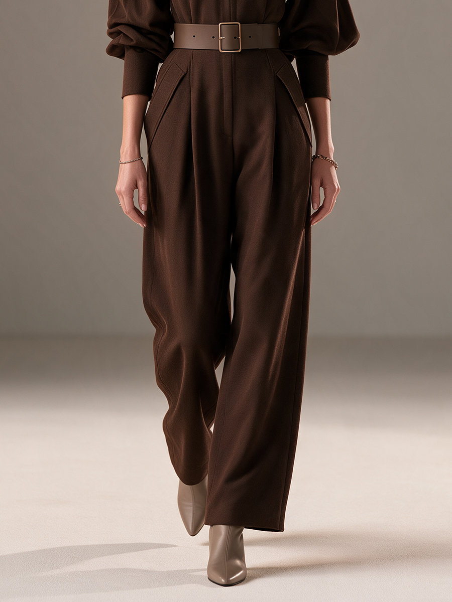 Women's Stand-Collar Zip-Front Balloon-Sleeve Belted Wide-Leg Jumpsuit MDZ3119H2CMX
