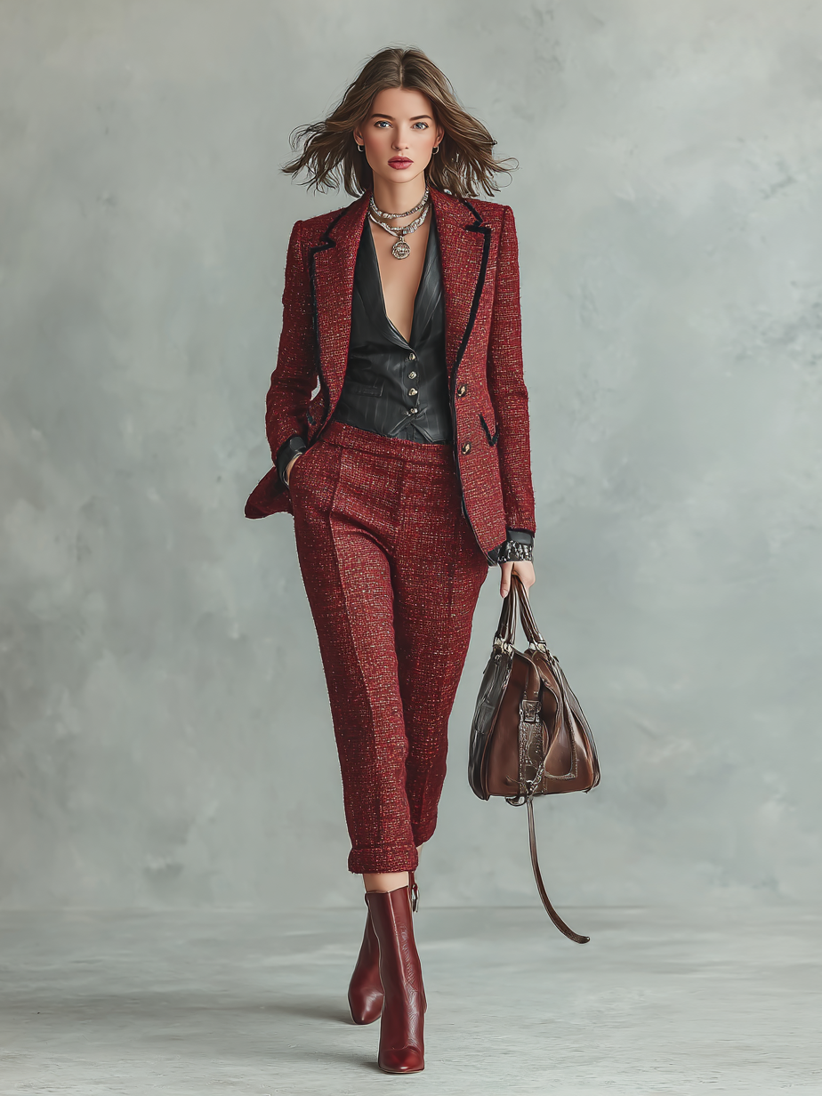 Women's Minimalist Tweed Blend Suit Straight Pants Set MDA2494I4Y