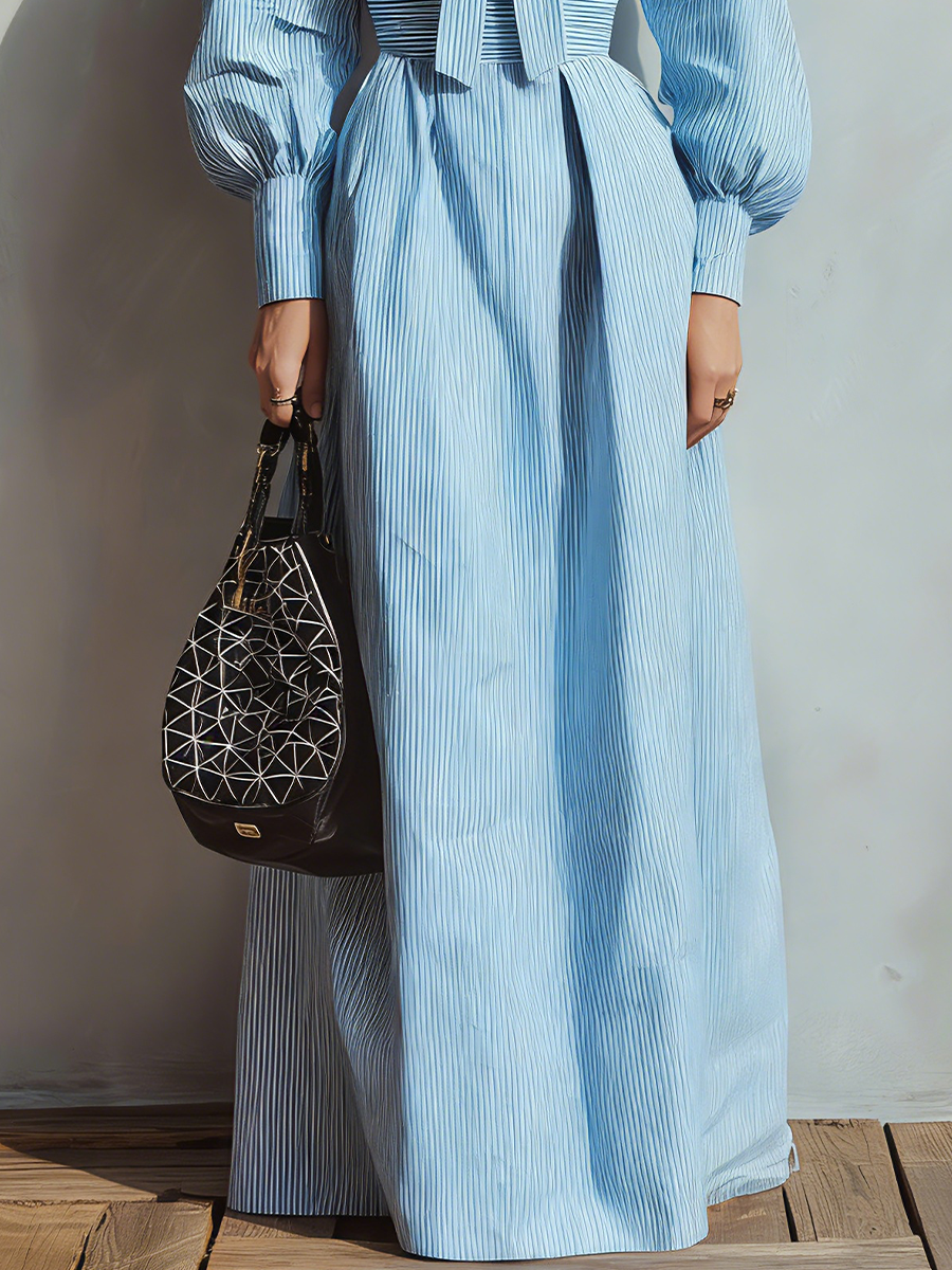 Women's Light Blue Striped Cotton Blend Fabric Square-Neck Bow-Detail Puff-Sleeve Maxi Dress MDA1987L3T