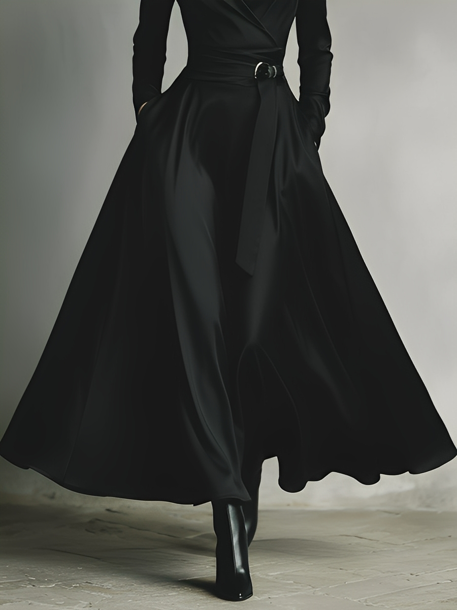 Women's Deep Black Satin Elegant Lapel Long Dress MDA2251K6T