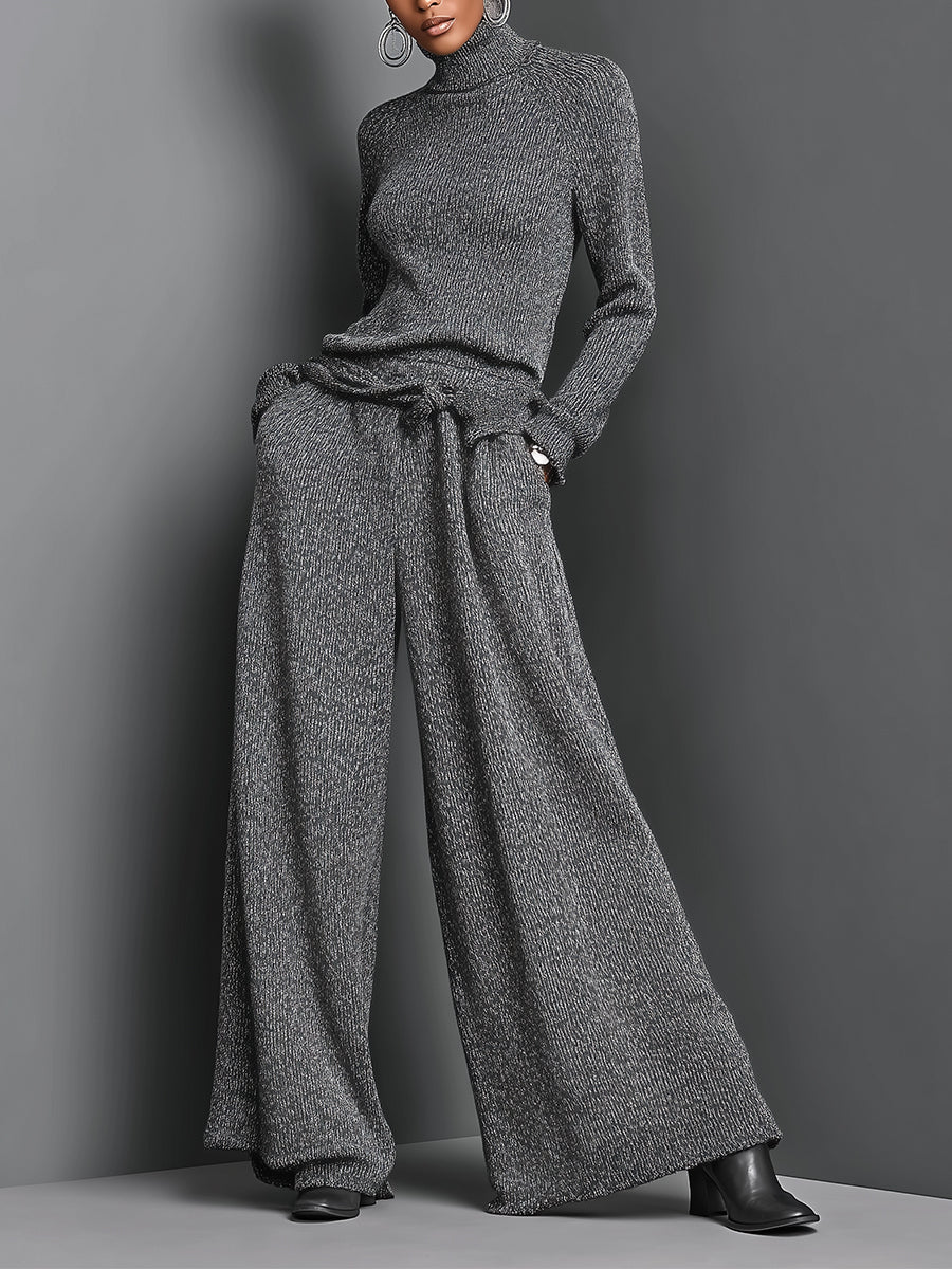 Women's Grey Elegant Rib - Knit Turtleneck Sweater & Wide - Leg Pants Set MDA1556H8I
