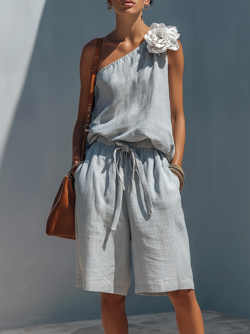 Women's Casual Light Blue Cotton Linen Off-shoulder Sleeveless Top Paired With Shorts (removable White Floral Embellishment) MDZ2715B1AN