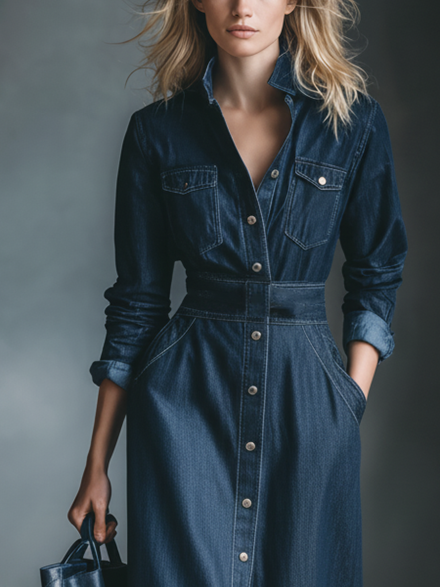 Women's Deep Indigo Denim Long-Sleeved Fitted Waist Workwear Style Dress MDA1768K3T