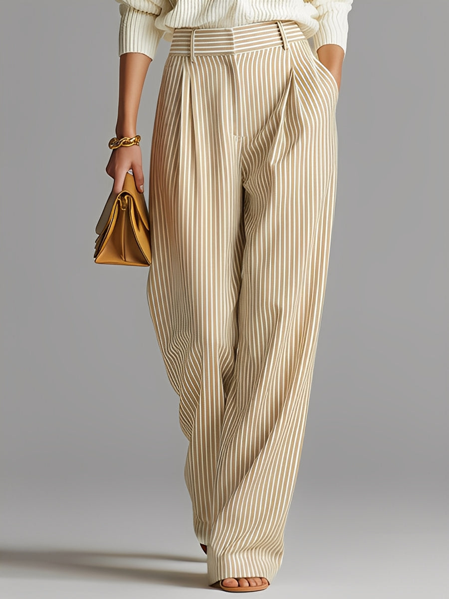 Women's Elegant Beige Ribbed Knit Top Paired With Striped Wide-leg Pants Suit MDA2452K5I