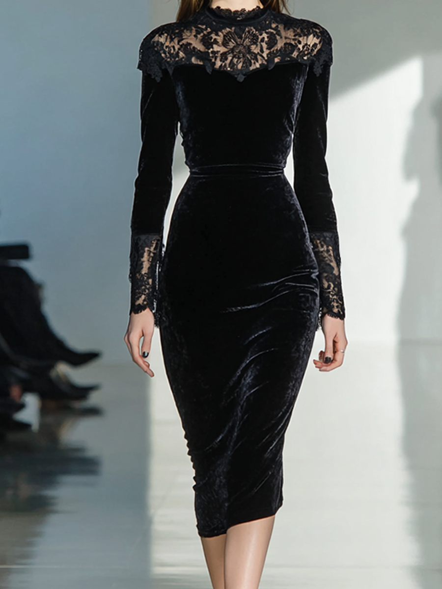 Women's Black Velvet Lace High-Neck Long-Sleeve Dress MDA2932K4AP