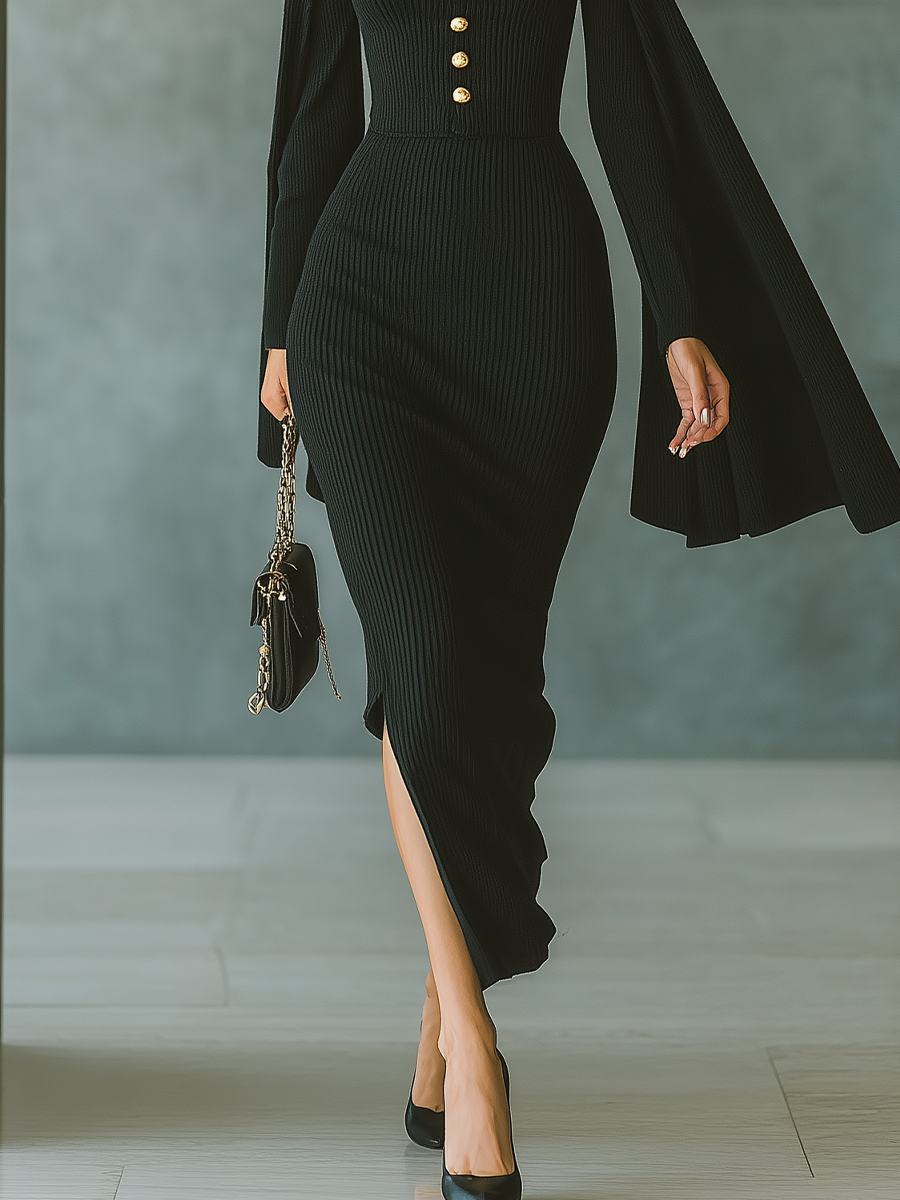Women's Black Knit Cape Sleeve Fitted Maxi Dress MDA0802H3T