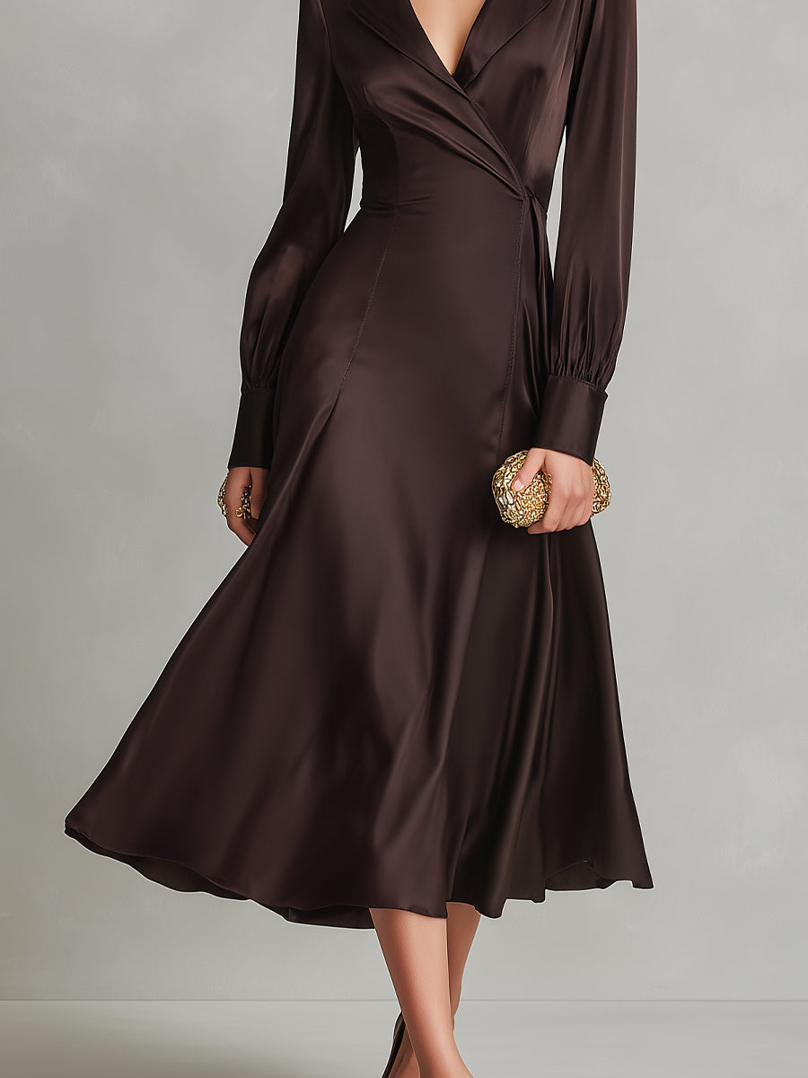 Women's Dark Brown Satin Elegant Lapel Wrap Midi Dress MDA2746K5I
