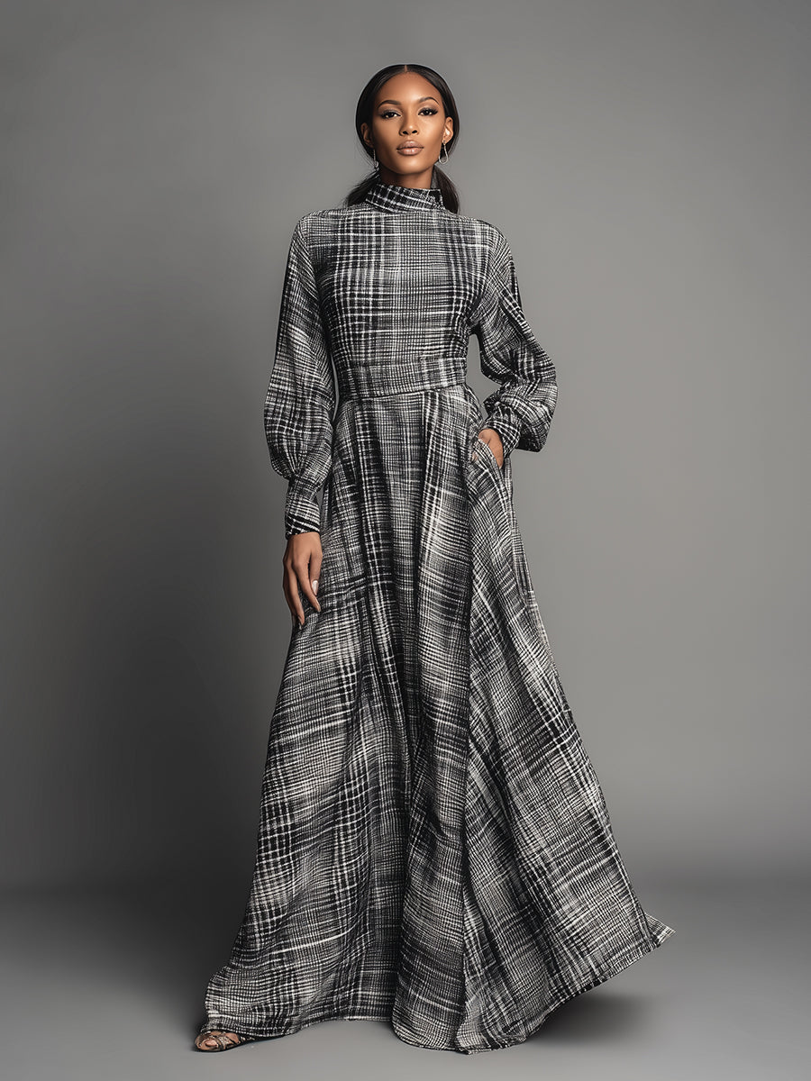 Women's Black - White Classic Linen - Blend Plaid Turtleneck Maxi Dress MDA2126J7I