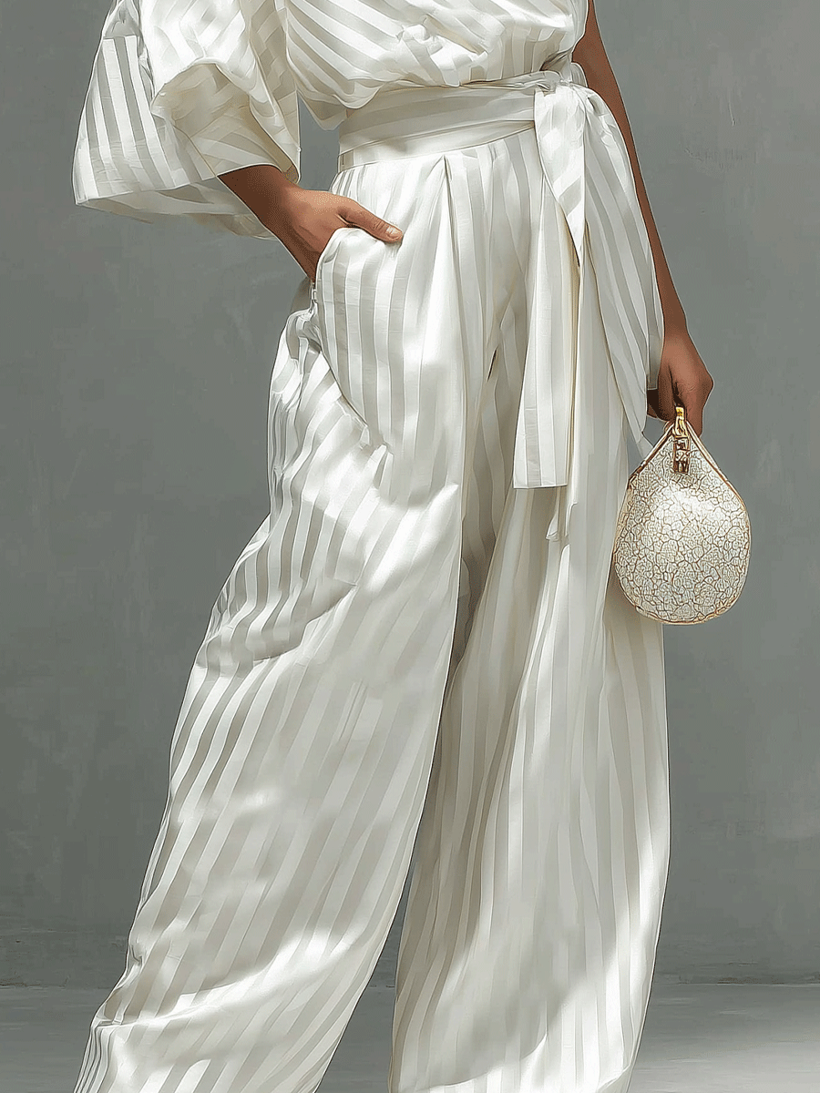 Women's One-shoulder Satin Diagonal Striped Suit Two-piece Set MDA3022G4I